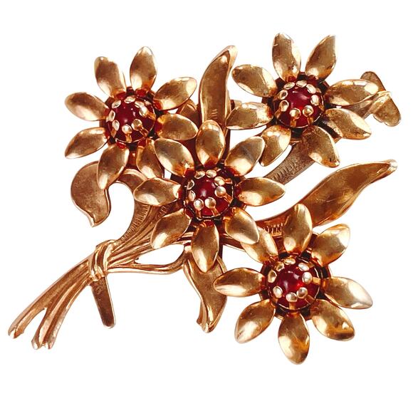 VTG 1940s Brooch Gold Tone Floral Red Glass Cabochons Mid Century Bouquet Pin - Picture 1 of 12